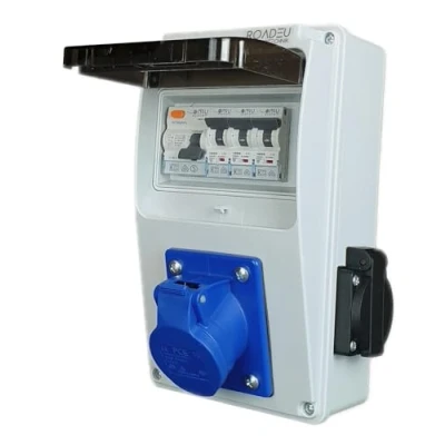 Image of RoadEu UK Power Distribution Box 2x 13A Sockets and CEE 16A 3P Outlet Wall Combination Socket with Circuit Breakers RCD, Waterproof IP54 Designed for Market Includes 13Amp MCB