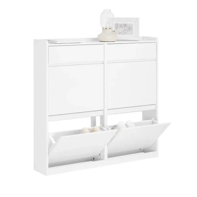 Image of SoBuy Shoe Cabinet Storage Cupboard with 4 Flip Drawers and 2 Pull Out White W98 x D19 H95cm FSR169 W