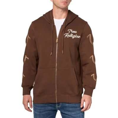 Image of True Religion Men&#039;s Rainbow Embro Zip Up Hoodie, Chestnut, S