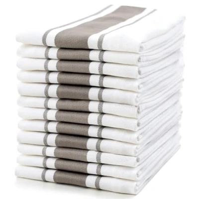Image of Sticky Toffee 100% Cotton Tea Towel Cappuccino Grey Stripe Pattern, Pack of 12 Kitchen Set Absorbent, Strong, Quick Dry &amp; Machine Washable For Home Decor Bathroom Accessories