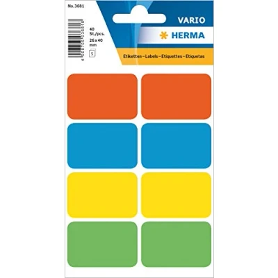 Image of HERMA Multi Purpose Labels, 8 Labels per Sheet, 5 Sheets, 26 x 40 mm, Self Adhesive Stickers, Blank Sticky for Office Kitchen Home, Assorted Colours