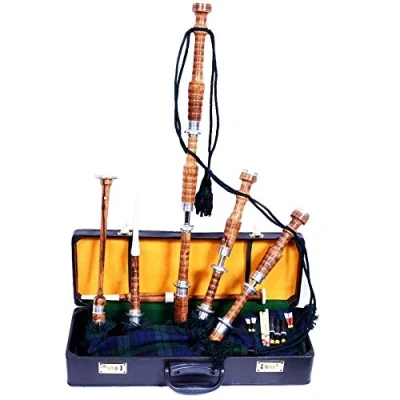 Image of Scottish Bagpipe Rosewood Natural Colour with Silver Plain Mounts in Hard Box Free Tutor Book, Drone, Reeds (Black Watch)