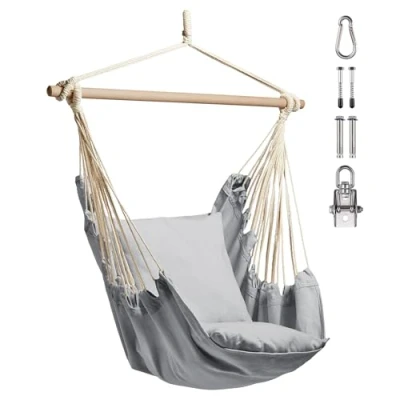 Image of VonHaus Hanging Chair Outdoor with Attachments Grey Garden Swing Seat &amp; Hammock Chair, 1 Seater Rope Neutral Boho Style Portable for Garden, Patio, Terrace Decking