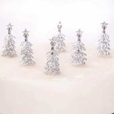 Image of Christmas Cake topper Tree Decoration Yule Log Cupcake Toppers (Silver Fir Trees Pack of 6)