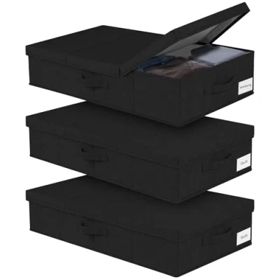 Image of Underbed Storage, 3 Pack Large Under Bed Storage Box with Lids, Foldable Clothes W/ Handle, Organiser Drawer Containers for Blankets Shoes Pillows