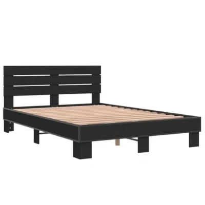 Image of vidaXL Engineered Wood and Metal Double Bed Sleek Black Bedstead, 140x190 cm with Plywood Slats Headboard, Easy to Assemble for Modern Bedroom
