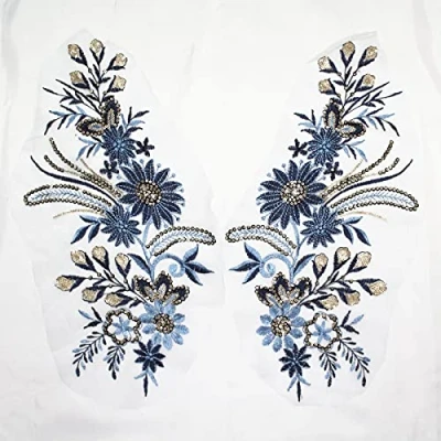 Image of SUNMOVE One Set Flower Embroidery Sequin Lace Applique Sewing Fabric Collar Patch Motif Wedding Gown Dress Bridal DIY Crafts (Blue)