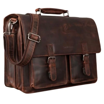 Image of STILORD &#039;Clarence&#039; Leather Business Briefcase A4 Vintage Shoulder Bag 15.6 Inch Large Satchel Trolley Attachable, Colour:Zamora Brown