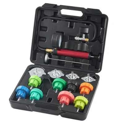 Image of VEVOR 14 pcs Universal Radiator Pressure Tester Kit, Coolant Kit with Manual Pump and Color coded Steel Test Cap Adapters, Toolbox, For Cars Motorcycles Trucks Cooling System