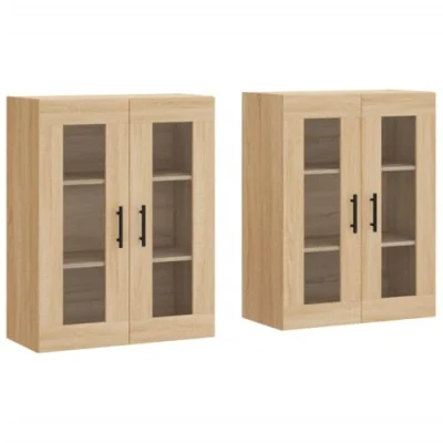 Image of vidaXL Wall Mounted Cabinets Set of 2 Sonoma Oak Finish Engineered and Eucalyptus Wood with Glass Doors for Storage Ideal Living Room