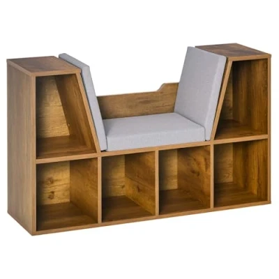 Image of HOMCOM Bookcase Storage Shelf with Cushioned Reading Seat, Cube Bookshelf Organizer for Bedroom Living Room, Rustic Brown