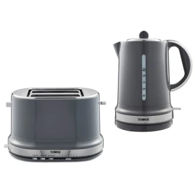Image of Tower Belle 1.5L 3KW Kettle &amp; 2 Slice Toaster in Graphite Grey. Stylish Parisian Design Matching Kitchen Electrical Set