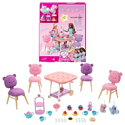 Image of Barbie Tea Party Playset for Preschoolers, My First and Accessories, Preschool Toys Gifts, with 18 Storytelling Pieces, Two Plush Items, from 3 Years, HMM65