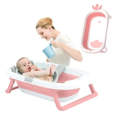 Image of Sobebear Royal Foldable Bathtub Portable Baby Bath Tub for Toddler Infant Newborn Safe Collapsible Folding Non Slip with Large Travel Basin (Pink Bathtub)