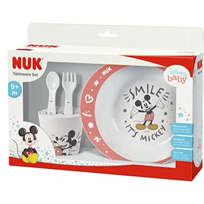 Image of NUK Disney Mickey Crockery Set from 6 Months Includes Plate, Fork, Spoon and Cup Mouse 4 Pieces