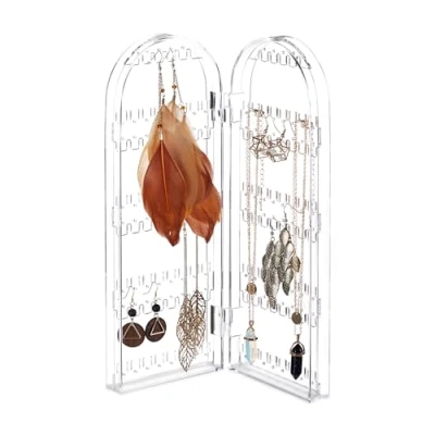 Image of Relaxdays Acrylic Jewellery Rack, Folding Accessory Stand, for Earrings, Necklaces, 2 Compartments, Clear