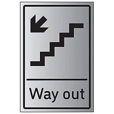 Image of V Safety Way Out Arrow Down Stairs Left 200mm x 300mm Self Adhesive Aluminium Effect