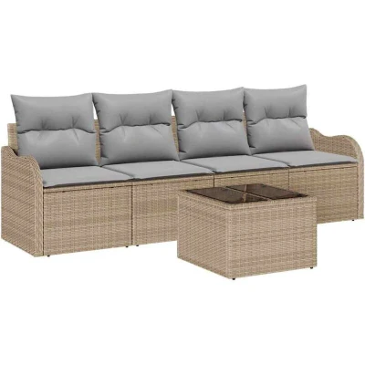 Image of vidaXL 5 Piece Garden Sofa Set with Cushions Beige Poly Rattan