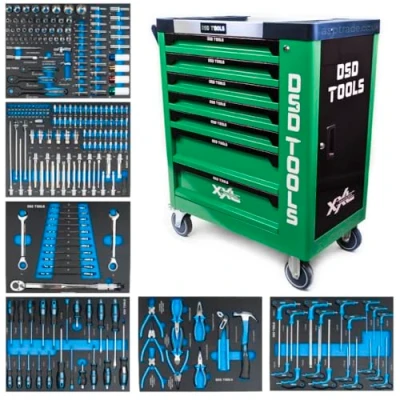 Image of DSD TOOLS Steel Tool Chest Trolley Cabinet Fully Loaded Workshop Box on Castors with Lockable Storage and Easy Mobility (Green)