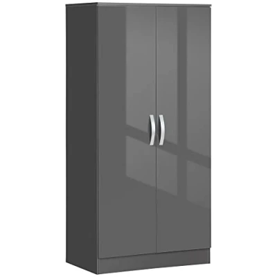 Image of HOMCOM High Gloss Wardrobe, 2 Door Wardrobe with Hanging Rod and Storage Shelf, Clothes Organizer Anti tipping Design for Bedroom, Grey