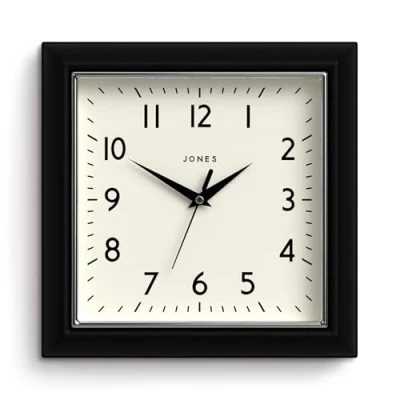 Image of Jones Clocks® Mustard Square Retro Wall Clock Modern Colour Design Perfect as a Kitchen Clock, Living Room or Office with Easy to Read Numbers 25cm (Black)