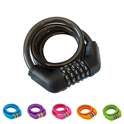 Image of GOLDPOOL Bicycle Lock for Kids, Adult, Number Code Combination Cable Lock, 4 Feets X12 mm, 5 Digital High Security Black Bike