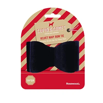 Image of Rosewood Luxury Festive Dress Up, Large Velvet Bow Tie For Dogs, Navy Blue, 13 x 6 9cm