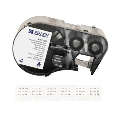 Image of Brady Repositionable Vinyl Cloth Pre Sized Labels for Label Printer BMP41/BMP51/BMP53/M511 240 Self Adhesive Black on White (12.70 mm x 12.70 mm) M4 7 498
