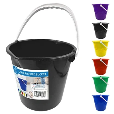 Image of Colour Coded Plastic Bucket with Handle, 2 Gallon (10L) Household Heavy Duty Spout and Easy Grip Multipurpose Water for Cleaning, Bath, Gardening (Black)