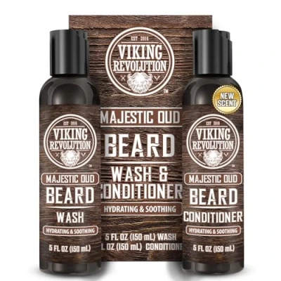 Image of Viking Revolution Beard Shampoo And Conditioner Natural Wash &amp; With Argan Jojoba Oils Softens Strengthens Gifts For Men Majestic Oud 2 x 150 ml