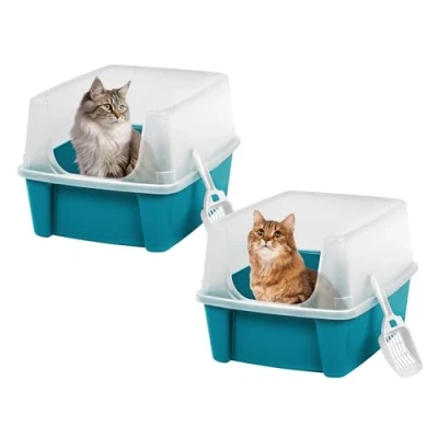 Image of Iris Ohyama Cat Litter Tray with Scoop, Set of 2, Blue, Easy to Clean, Box, Detachable Spill Preventing Walls, For Kittens, Adult Cats, Rabbits, BPA Free, Open Top, Modern, CLH 12