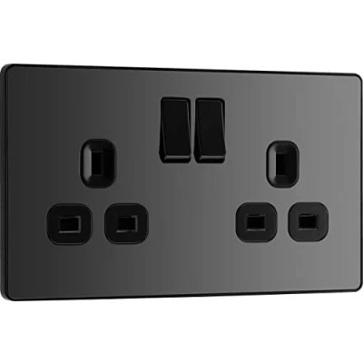 Image of BG Electrical Double Switched Power Plug Wall Socket, Screwless, Evolve, Black Chrome, 13A, PCDBC22B