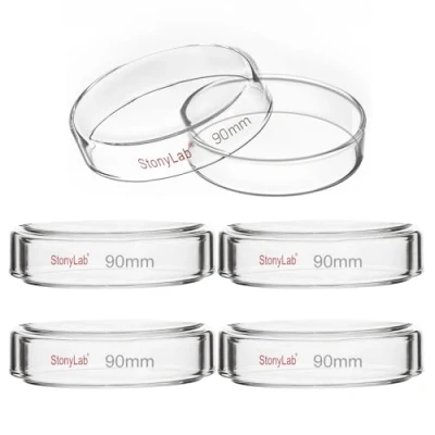 Image of stonylab Glass Petri Dish with Lid, 5 Pack Borosilicate Cell Culture Clear Autoclavable for Laboratory, 90x20 mm