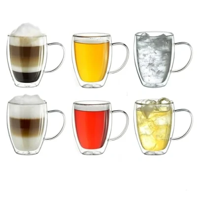 Image of Creano Double Walled Coffee Glasses with Handle 400ml Insulated Latte Macchiato Cups Cappuccino, Tea Handmade Heat Resistant XXL Mugs 6 pcs (Pack of 1)