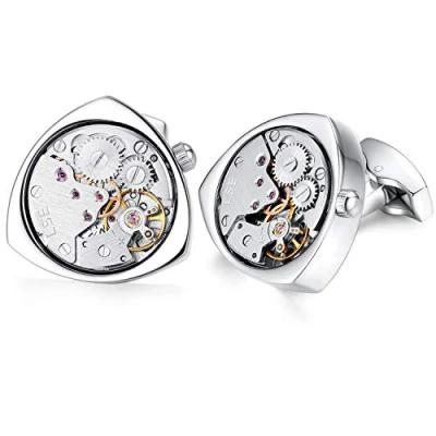 Image of HONEY BEAR Mens Vintage Watch Movement Steampunk Cufflinks with Box Working,Triangle Silver