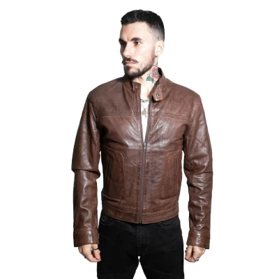 Image of Infinity Leather Mens Men’s Classic Fitted Biker Jacket Austin Brown Size 2XL