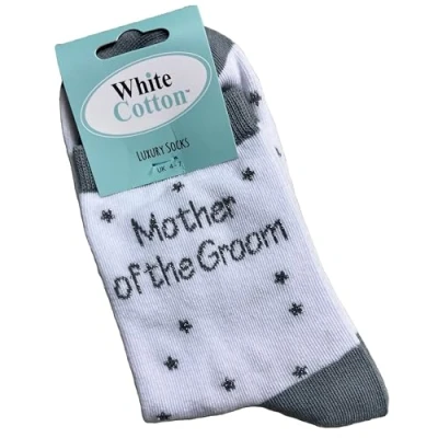 Image of WHITE COTTON CARDS MOTHER OF THE GROOM SOCKS WITH GLITTER THREAD Novelty Socks. Size UK Adults 4 7 (SK46)