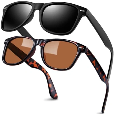 Image of KANASTAL 2 Pack Brown Sunglasses Mens Polarised Womens Retro Classic UV400 Protection Tortishell Ladies Amber Tortoise Frame Lens + Matte Black
