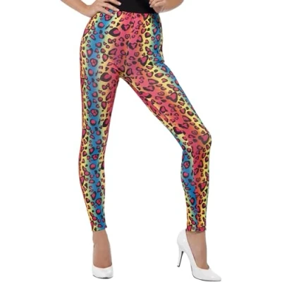 Image of Smiffys Neon Leopard Print Leggings, Multi Coloured , 1980&#039;s Fancy Dress, 1980s Dress Up Accessories