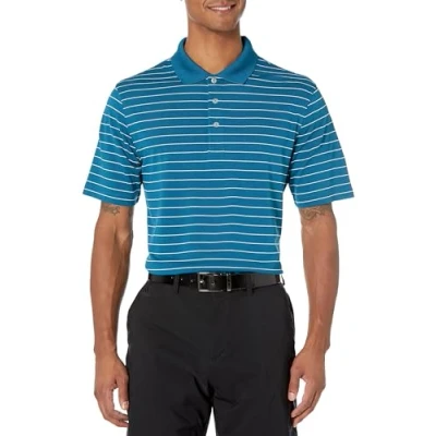 Image of Amazon Essentials Men&#039;s Regular Fit Quick Dry Golf Polo Shirt, Teal Blue White Stripes, XL