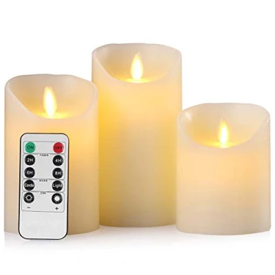 Image of Aku Tonpa Flameless Candles Battery Operated Pillar Real Wax Flickering Moving Wick Electric LED Candle Set with Remote Control Cycling 24 Hours Timer, Pack of 3 (D:3&quot; X H:4&quot; 5&quot; 6&quot;)