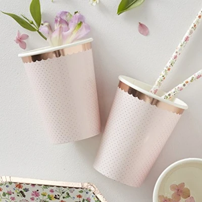 Image of Ginger Ray Floral &amp; Pink Rose Gold Foiled Party Paper Cups 8 Pack