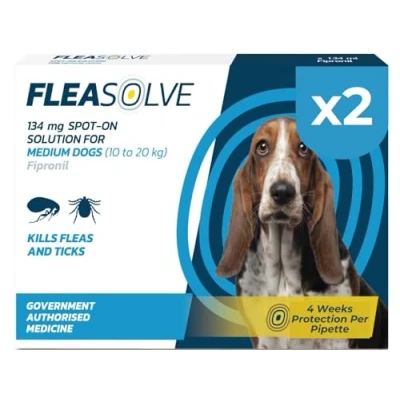 Image of FleaSolve x 2 PIPETTES Flea &amp; Tick Treatment for Dogs 10 20 kg Spot On and Medium Sized DOSES