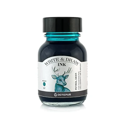 Image of Octopus Write and Draw Ink 467 Petrol Deer Waterproof for Writing Drawing, Calligraphy Ink, Non fading Drawing Fountain Pen, Petrol, 50 ml