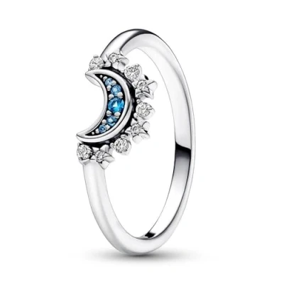 Image of Pandora Moments Celestial Sparkling moon sterling silver ring with night blue crystal and clear cubic zirconia, 48