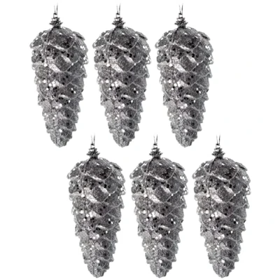 Image of Blue Whale Gifts Large 13cm Silver Pine Cone Christmas Tree Baubles Decorations (Set of 6)