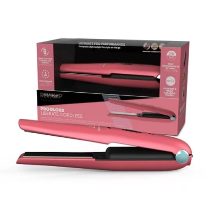 Image of REVAMP Liberate Cordless Hair Straightener Compact, Lightweight Portable Straightening Iron, Ceramic Ionic Flat Iron Plates, Travel Lock, Heat Resistant Pouch, Pink