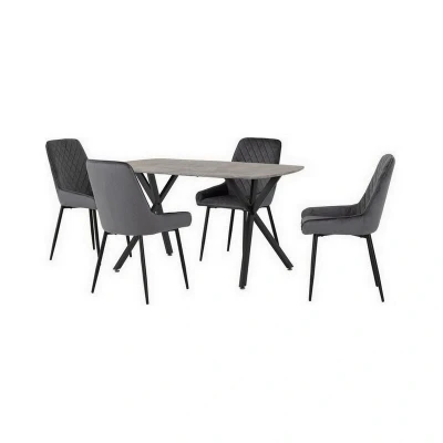 Image of Seconique Athens Dining Table Set with 4 Avery Chairs in Concrete/Grey Velvet