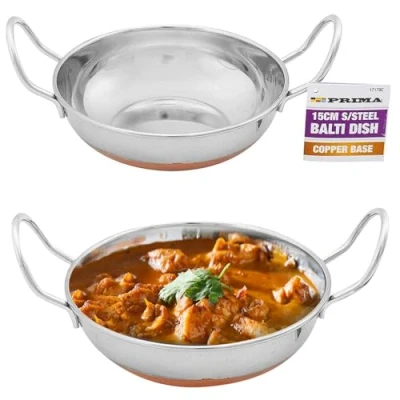 Image of 4PC 15CM BALTI Dish KARAHI Metal Curry Serving Stainless Steel Copper Base New