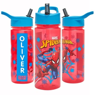 Image of Marvel Spider Man Personalised Sticker Water Bottle with Straw 500ml Official Merchandise by Polar Gear Kids Reusable Non Spill BPA Free Tritan Ideal For School Nursery Sports Picnic , Red &amp; Blue